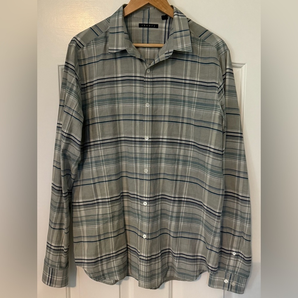 Theory Men’s XL Plaid Button-Down Shirt 100% Cotton Gray Blue – Style Zack PS